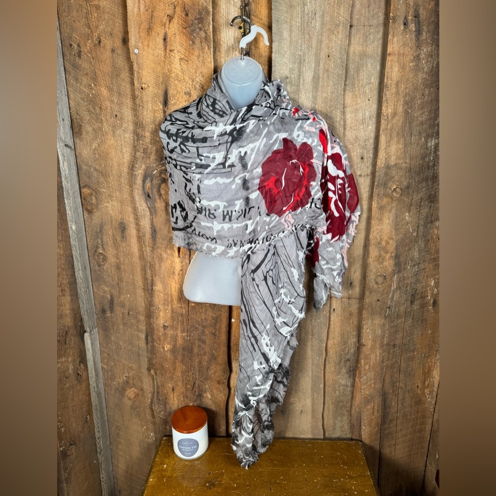 Floral Gray and Red Scarf